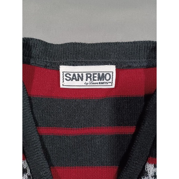 VINTAGE San Remo Sweater Womens L Red Black Gray Cardigan 80s 90s - Picture 2 of 4
